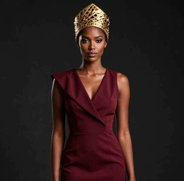 High-fashion editorial portrait of a Miss Guineana Digital queen wearing a structured gold-patterned headpiece and wine-red modern gown, dramatic studio lighting, dark background, 85mm