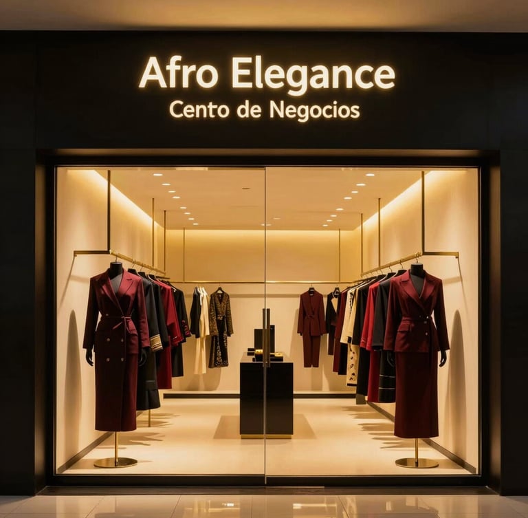 Atmospheric wide-angle architectural shot of the premium Afro Elegance Digital showroom in MerkaGuinea Centro de Negocios, warm golden lighting, minimalist luxury displays with hanging structured garments, deep obsidian accents