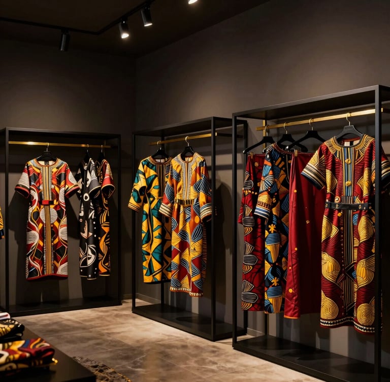Elegant interior of a high-end fashion showroom in Malabo, minimalist black clothing racks with vibrant African print garments, warm spotlighting illuminating gold details, luxurious atmosphere