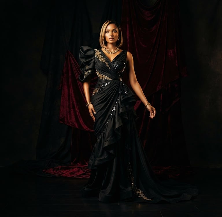 High-fashion editorial portrait of Rebeca Mangue, elegant full-body pose, dramatic studio lighting with golden highlights, rich black and deep wine-red background, 85mm