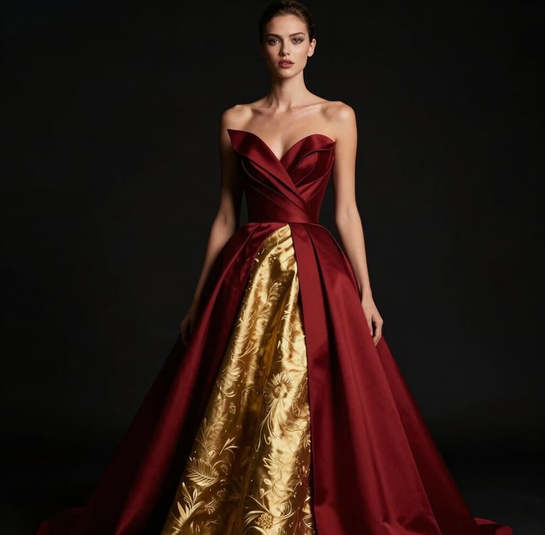 High-fashion editorial portrait of Rebeca Mangue in a structured crimson and gold gown, dramatic studio lighting with golden highlights, rich black background, 85mm