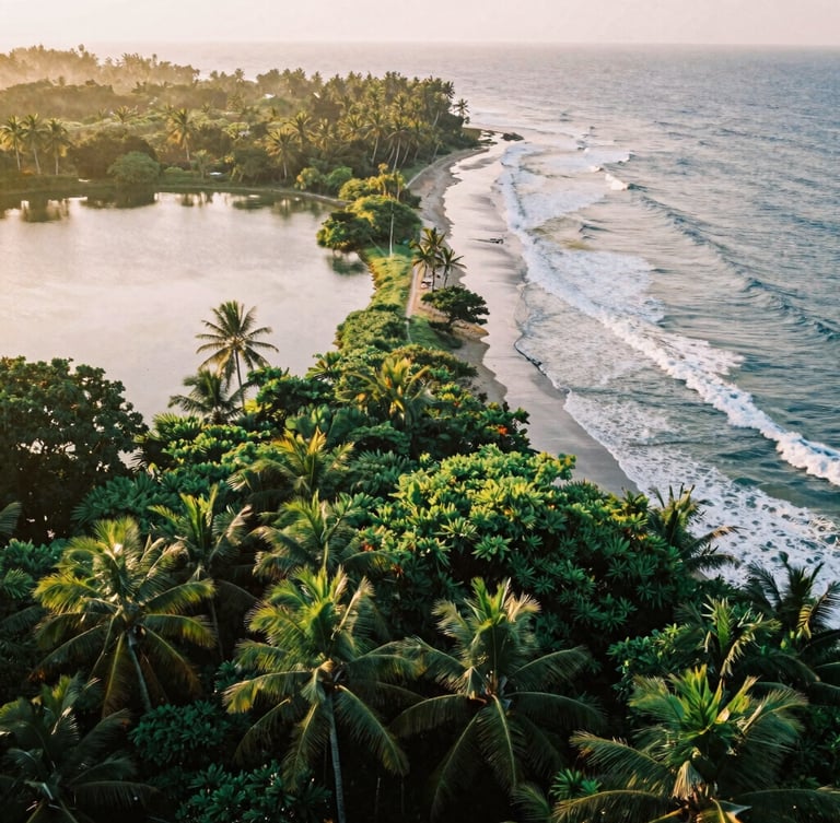 Aerial view of a thin strip of tropical land, showing calm, reflective backwaters on one side and dynamic, wave-crashing ocean on the other, lush green vegetation in the foreground, golden hour light, 35mm film.