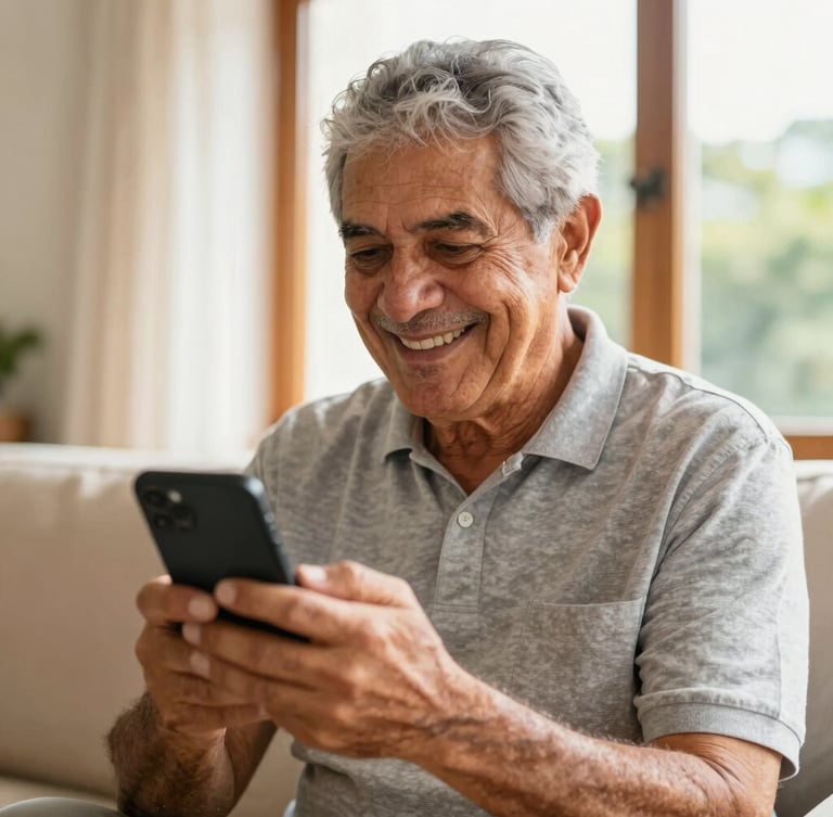 Warm environmental portrait of a smiling retired Brazilian man in his sunlit living room looking at his smartphone, natural window lighting, high-quality editorial photography