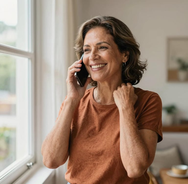 A smiling Brazilian woman in her 50s talking happily on her phone near a bright window, warm daylight, authentic cozy home setting, soft focus background