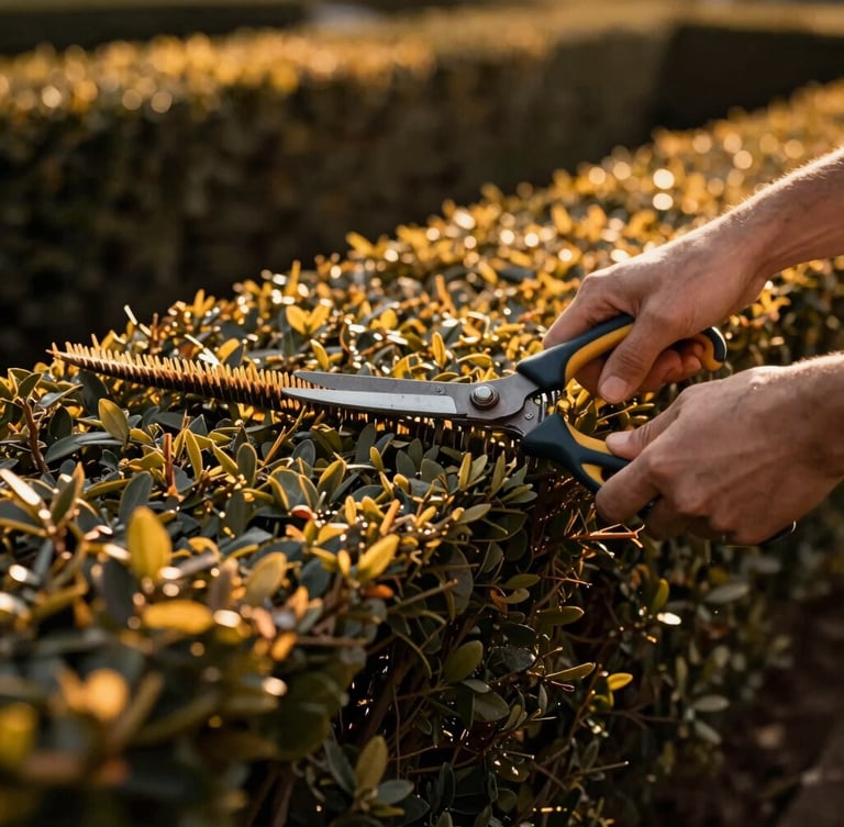 Close-up of hands carefully trimming a formal hedge with professional shears, golden-hour light highlighting the perfectly straight clean edge, warm editorial, high-contrast