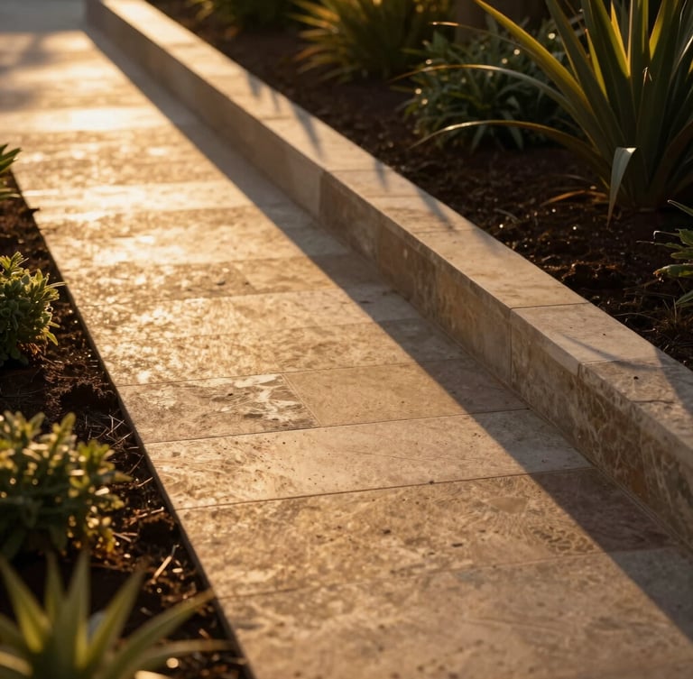 A sun-drenched architectural garden path in Perth, manicured limestone borders, warm golden-hour light casting long elegant shadows, rich dark brown soils, 35mm photography