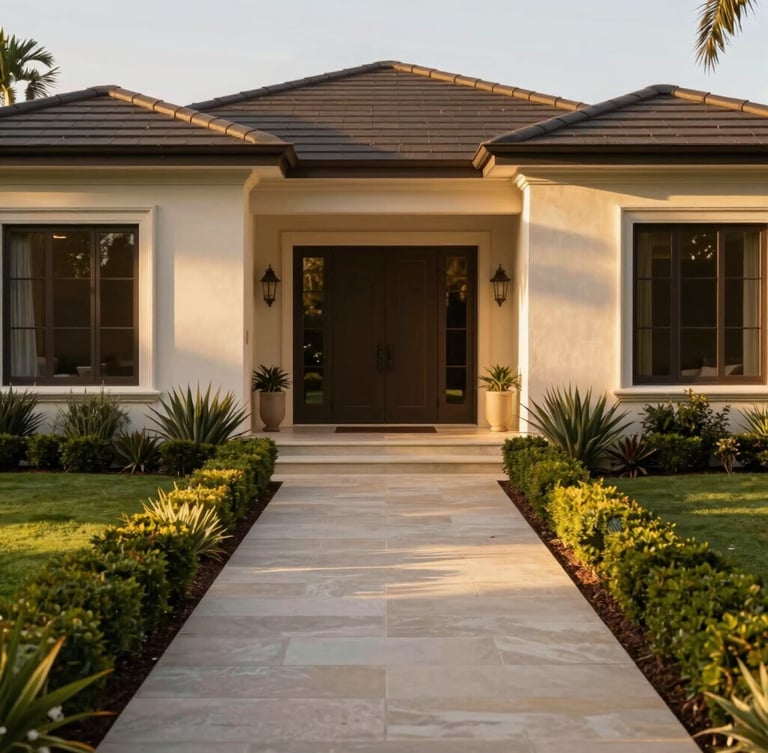 Symmetrical architectural shot of a luxury Perth estate exterior, clean limestone pathways, pristine manicured garden borders, warm golden-hour sunlight, 35mm photography