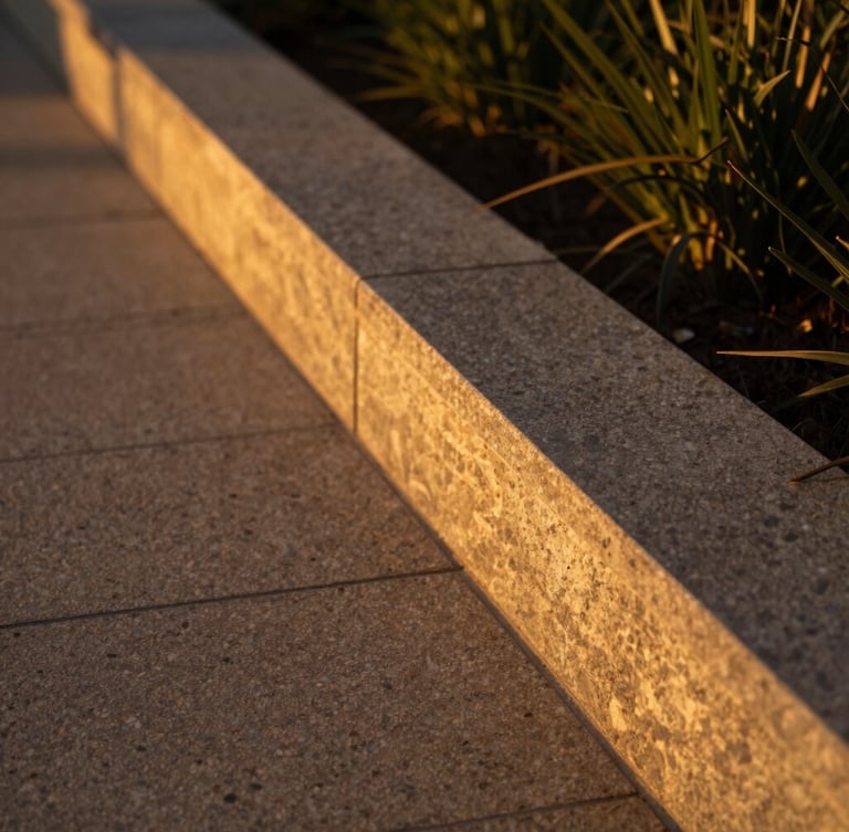 Close-up architectural detail of a manicured limestone pathway and clean garden border, warm golden-hour side lighting, shallow depth of field
