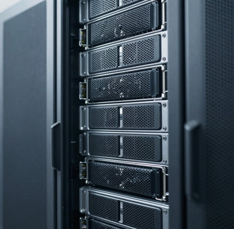 Extreme macro detail of high-density server rack architecture, cool diffused blue and gray tones, desaturated editorial corporate photography, high-end architectural lens