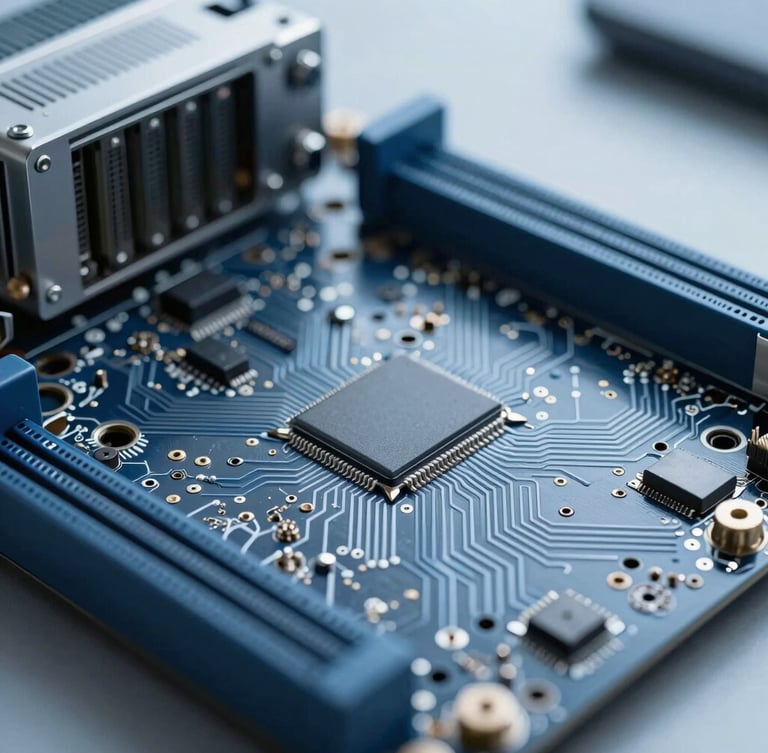 Extreme close-up of a high-performance server motherboard, cool blue and gray tones, diffused office daylight, architectural lens focusing on intricate circuit paths.