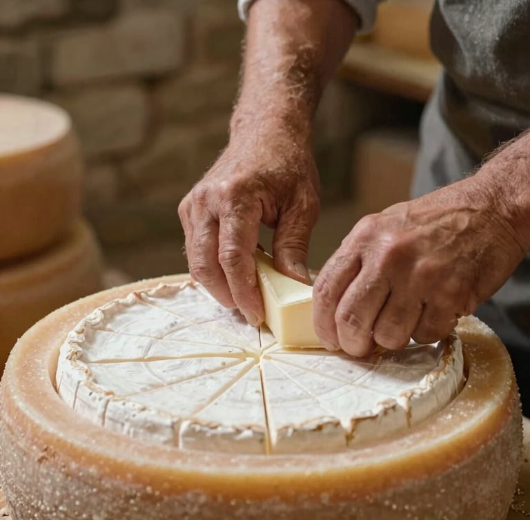 Close-up of weathered hands of an artisan cheese maker carefully turning a wheel of Saint-Nectaire cheese in a dim, historic stone aging cellar in Auvergne, soft warm ambient light, 35mm editorial photography.