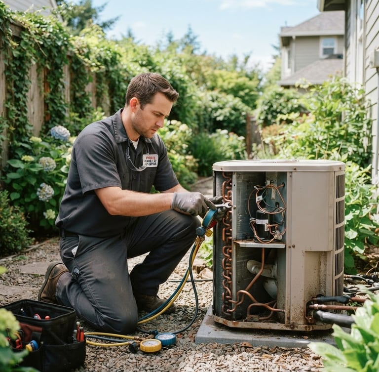 A local Prime Canby AC Repair technician in uniform, kneeling beside an outdoor AC condenser unit in a residential backyard in Canby, Oregon. Bright natural daylight, 35mm lens, crisp details, cool metallic and warm orange tones.