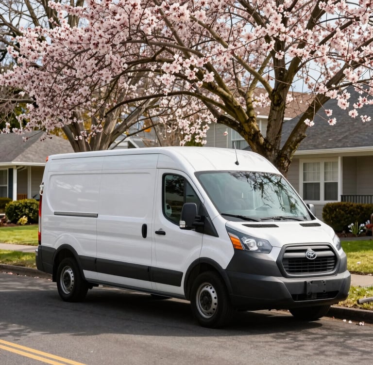 A clean, modern Prime Canby AC Repair service van parked on a quiet residential street in Canby, Oregon, with blooming trees in the foreground. Bright natural daylight, 35mm lens, cool metallic and warm orange tones.