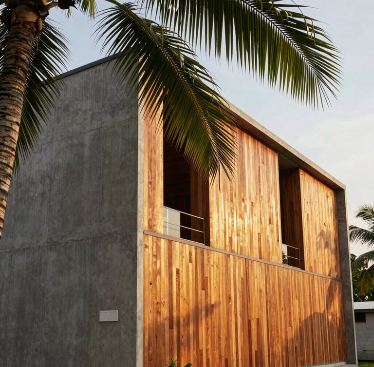 Architectural exterior of a modern tropical industrial house, raw concrete walls paired with warm teak wood panels, golden hour sunlight filtering through broad palm leaves, 35mm lens