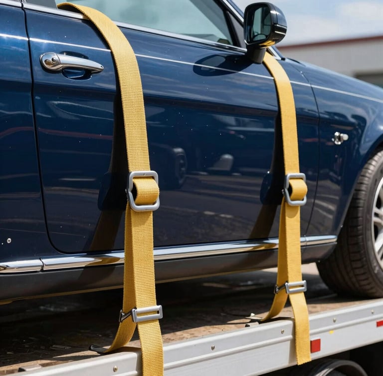 Close-up of secure tie-down straps holding a classic car onto a professional auto carrier, bright natural daylight, crisp focus, rich deep navy and gold tones.