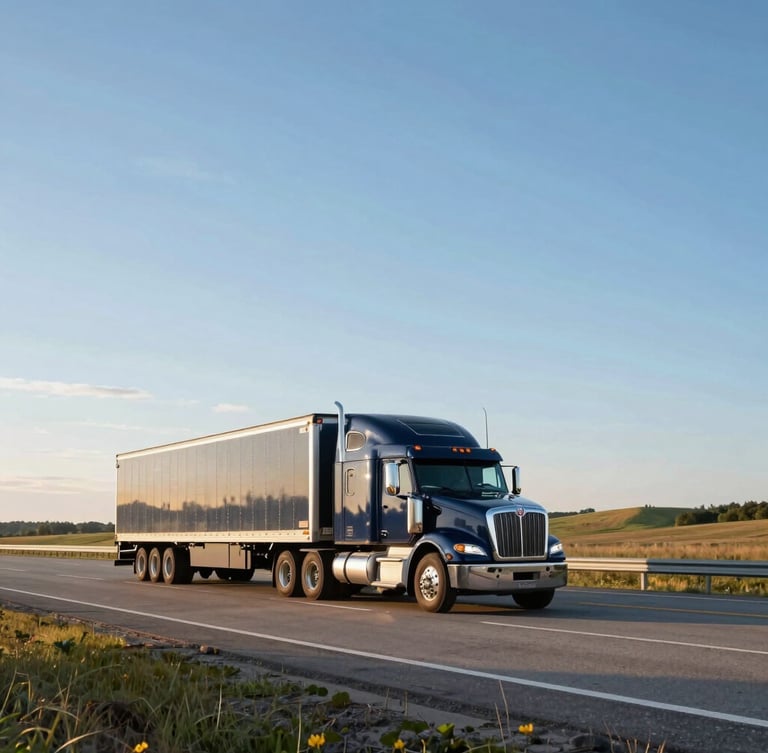 Wide shot of a professional multi-car transport carrier driving on a clean, modern highway (I-94) in Wisconsin, bright morning daylight, low horizon, expansive sky, with rolling hills in the background, sharp focus, 35mm lens.