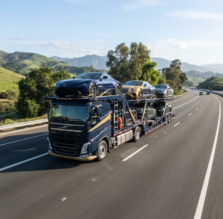 Wide panoramic shot of a modern multi-car transport carrier on a clean highway, bright morning daylight, crisp focus, a luxury car visible on the upper deck, deep navy and gold tones, professional editorial commercial photography.