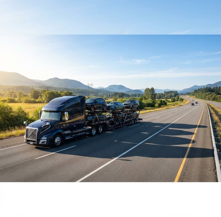 Wide panoramic view of a modern multi-car transport carrier driving on an open highway under bright morning daylight, with a clear sky, rich deep navy and gold tones, sharp focus, 35mm lens. The carrier is positioned to the left, with expansive highway stretching to the right.