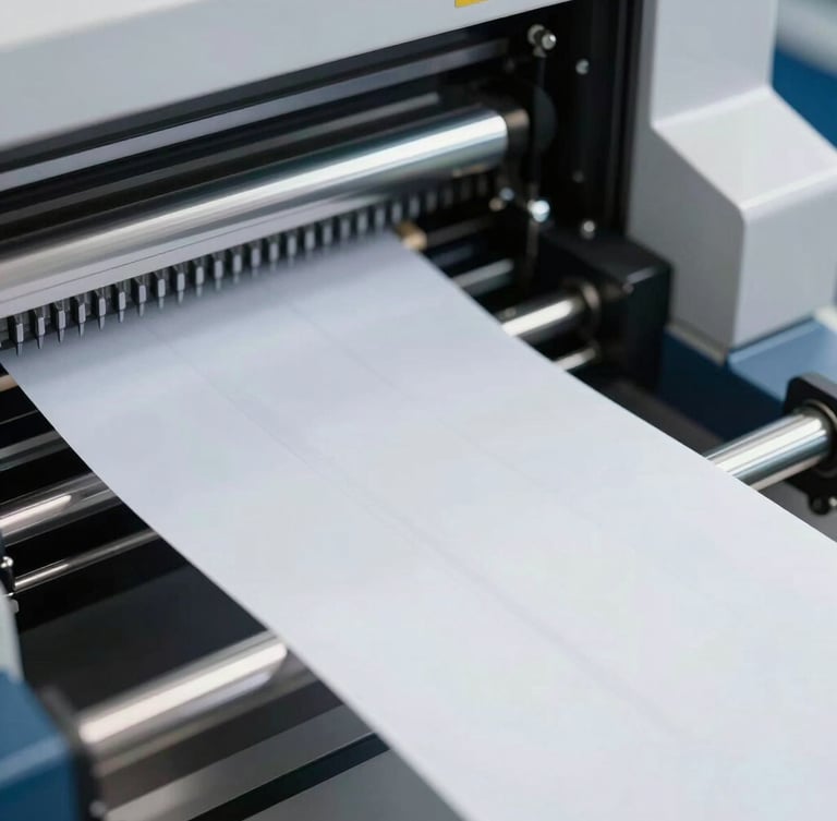 Macro shot of a high-speed industrial printing press cutting precise white labels, clean manufacturing environment, bright cool daylight, 50mm lens
