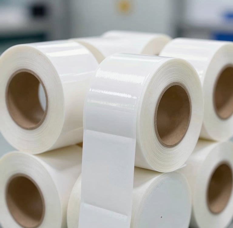 Close-up of pristine rolls of die-cut BOPP labels stacked neatly in a clean, modern manufacturing facility, sharp focus, high-contrast industrial tones