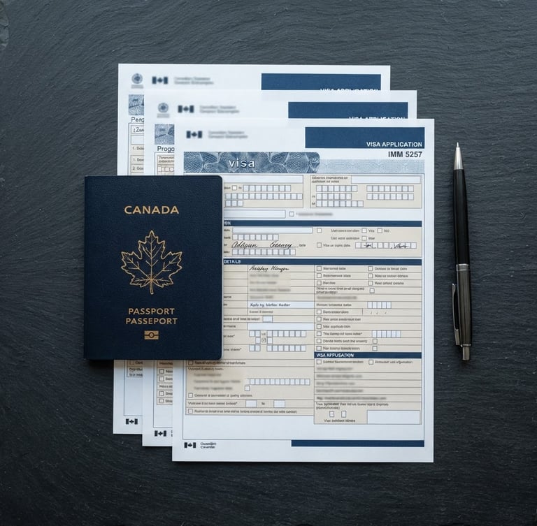 Precise top-down flat-lay of a Canadian passport, structured visa application forms, and a sleek pen on a clean slate surface, crisp morning light, deep blue tones.