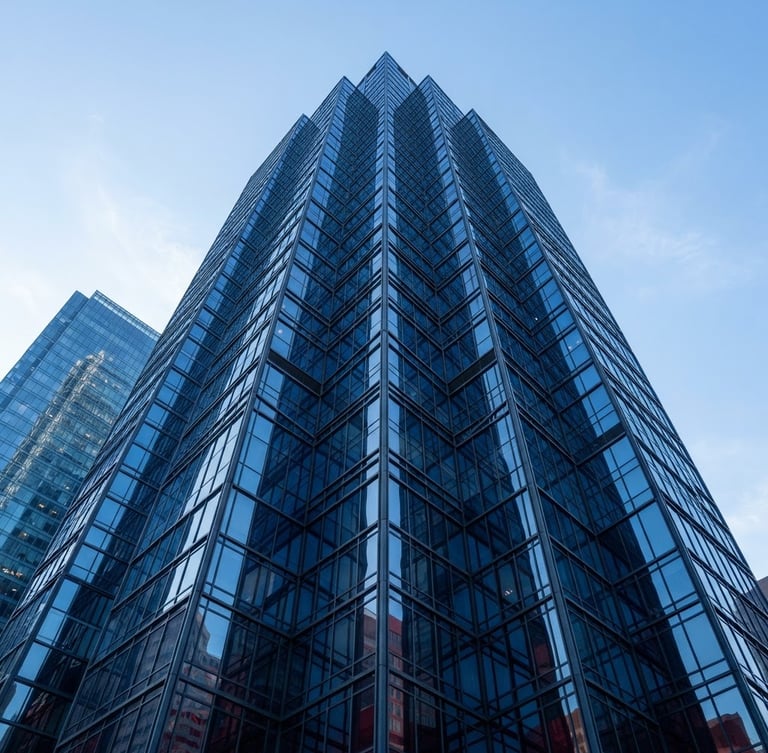 Crisp architectural photography of the geometric glass and steel facade of a modern skyscraper in Toronto, cool morning daylight, deep blue reflections, no people, 35mm lens