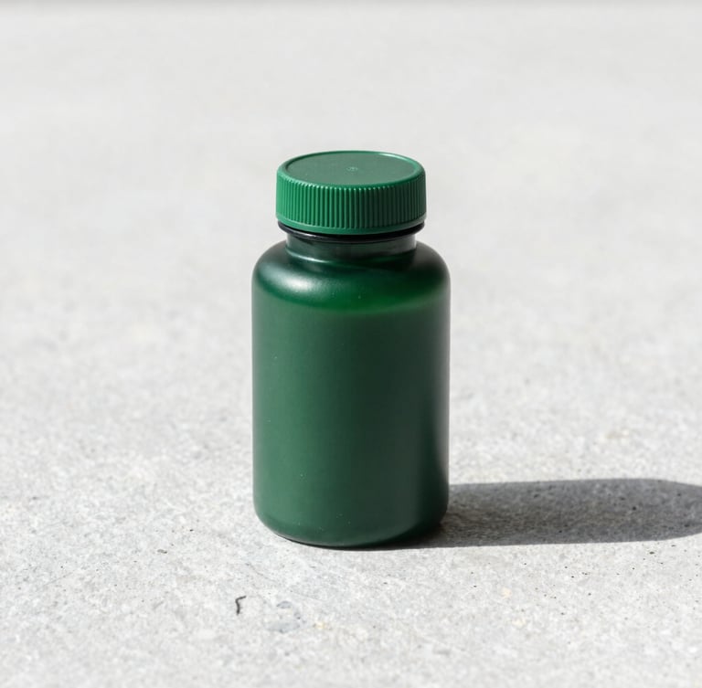 Sleek minimalist green supplement bottle on a clean grey stone surface, sharp focus, bright natural daylight, high-end product design
