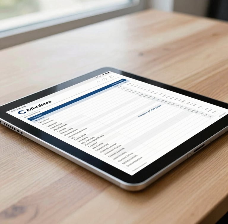 Close-up of a secure digital tablet on a clean wooden desk showing a clear financial spreadsheet, bright natural daylight from a nearby window, professional navy and white tones, sharp focus, 35mm.