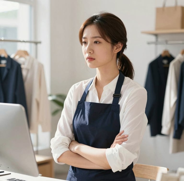 Bright editorial photograph of a female small business owner in a sunlit retail shop, looking focused and relieved, clean natural daylight, professional navy and white tones, sharp focus, 35mm