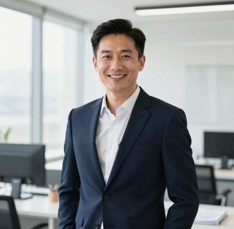 Professional portrait of a financial leader in a bright, modern office setting, friendly and confident expression, high-key natural lighting, navy and white tones, 35mm