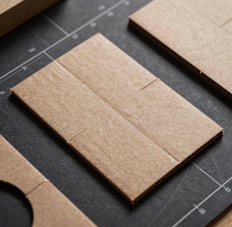 Macro overhead flat lay of a cardboard packaging structural prototype, showing crisp die-cut fold lines and precise scoring on a dark technical drawing surface, dramatic side lighting.