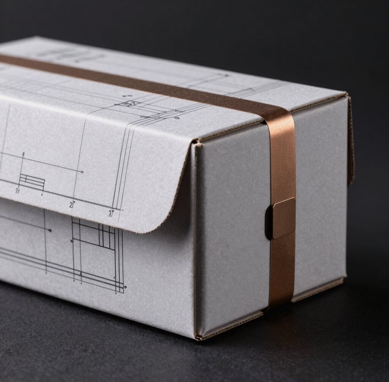 A technical CAD drawing of a packaging box structure overlaid on a physical prototype with precise die-cut fold lines, industrial bronze accents, studio lighting