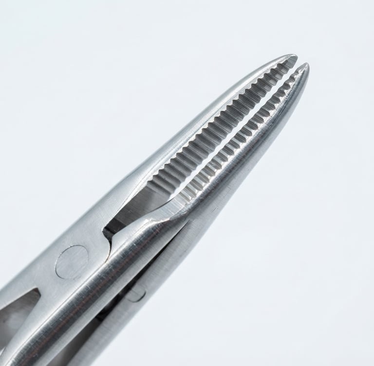 Macro close-up of a surgical forceps tip, bright clinical white light reflecting off surgical-grade stainless steel, sharp focus, sterile white backdrop.
