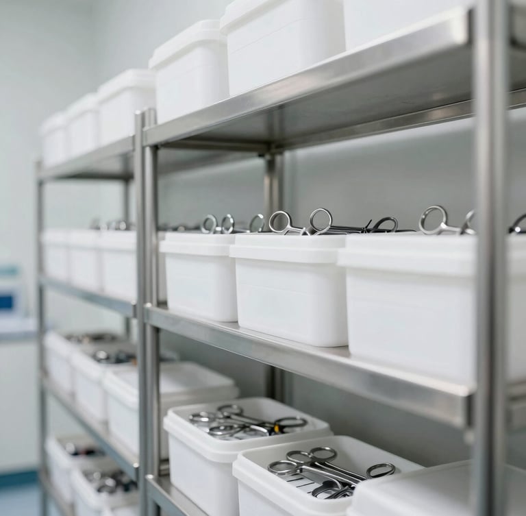 An organized clinical medical supply room with sterile stainless steel shelving holding boxed surgical instruments, bright white clinical lighting, clean perspective