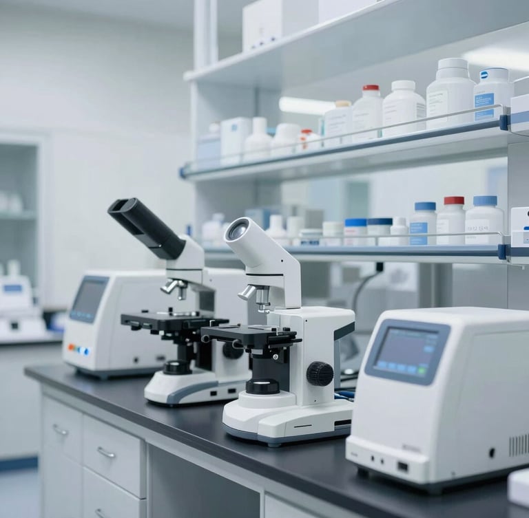 A clean sterile clinical laboratory room with organized medical diagnostic equipment, bright clinical white light, silver reflections.