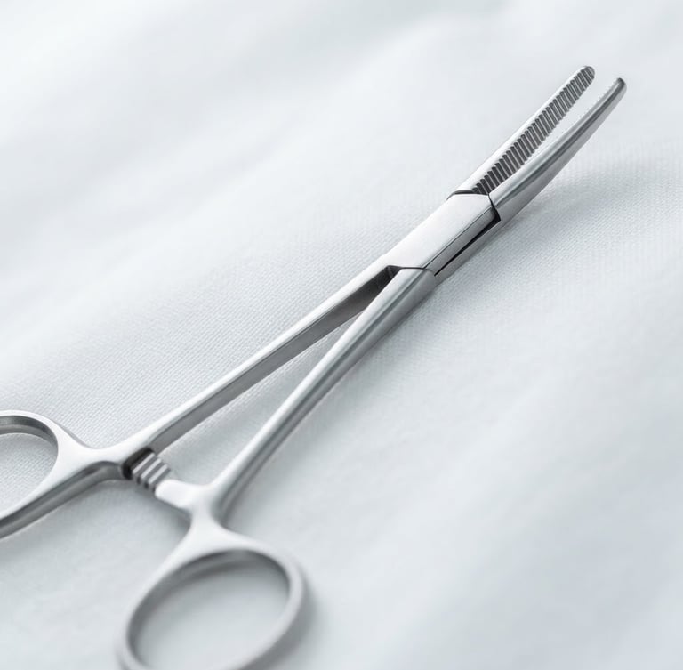 Macro close-up of surgical forceps made of high-grade stainless steel, resting on a sterile white surface, bright clinical light, sharp focus, soft silver reflections