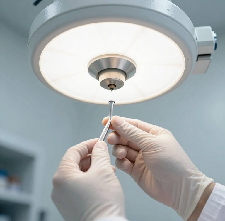 Close-up of a clinical laboratory technician inspecting a surgical instrument under bright clinical white light, sharp focus, sterile environment