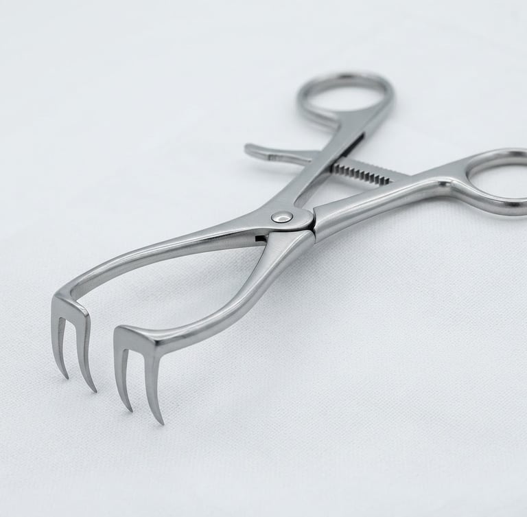 Macro photograph of a surgical steel retractor on a sterile white surface, bright clinical light, sharp focus, silver reflections