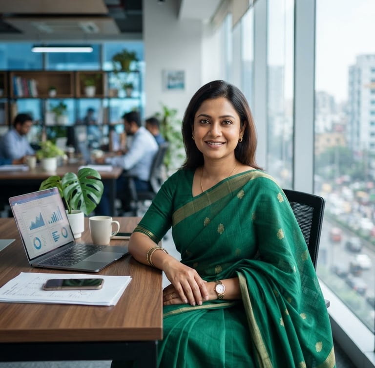 An authentic editorial portrait of a Bangladeshi female retail owner in a modern Dhaka office, bright natural daylight, sharp focus, professional corporate realism