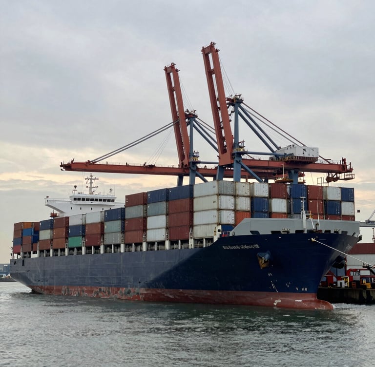 Wide environmental shot of a massive container vessel docking at a deepwater industrial port under early morning overcast sky, desaturated steel and navy tones, sharp focus, 35mm lens.