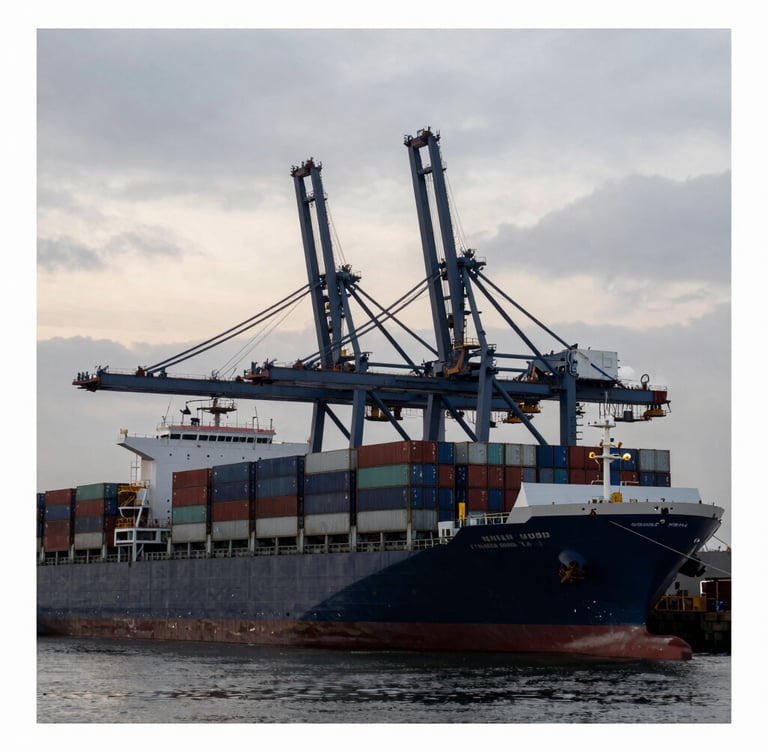 Wide-angle industrial shipping port at dawn, massive container vessel docked, steel cranes against overcast morning sky, desaturated navy and gray tones, 35mm lens.