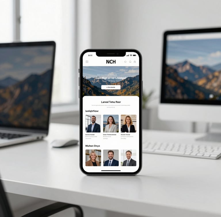 clean tech photography, bright natural office light, modern smartphone showing a beautiful landing page mockup, minimalist workspace