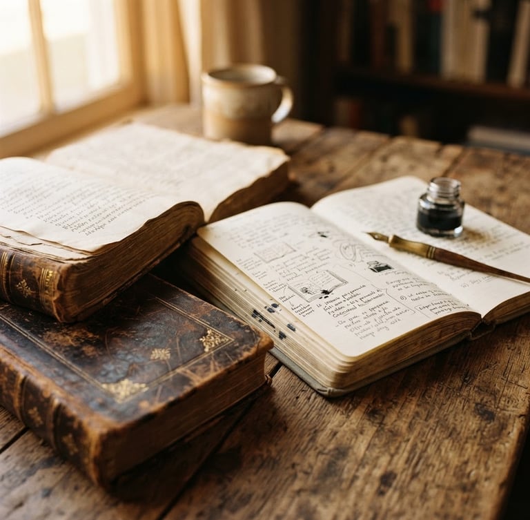 Close-up of ancient philosophical texts with worn leather bindings and an open notebook on a smooth wooden table, illuminated by soft morning light from a window, warm editorial photography, 35mm