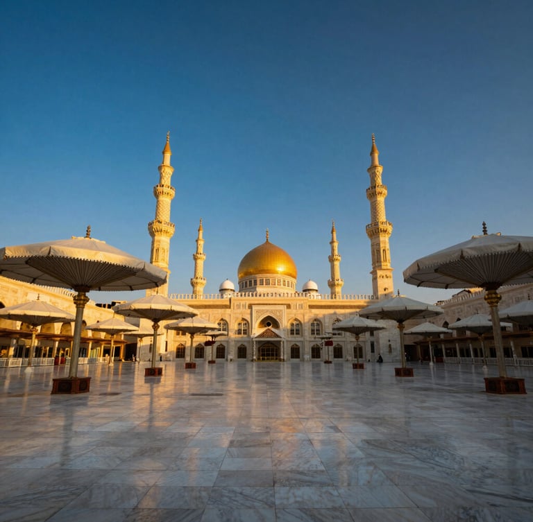 Wide-angle majestic shot of the white marble courtyard of Al-Masjid an-Nabawi in Medina, elegant umbrellas glowing under warm golden hour light, deep blue sky, high-end travel documentary style.