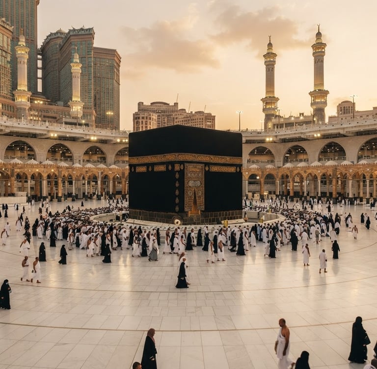 A wide, majestic environmental shot of the Holy Kaaba during golden hour, soft natural sunlight reflecting off the marble courtyard, deep rich tones, high-end travel documentary style.