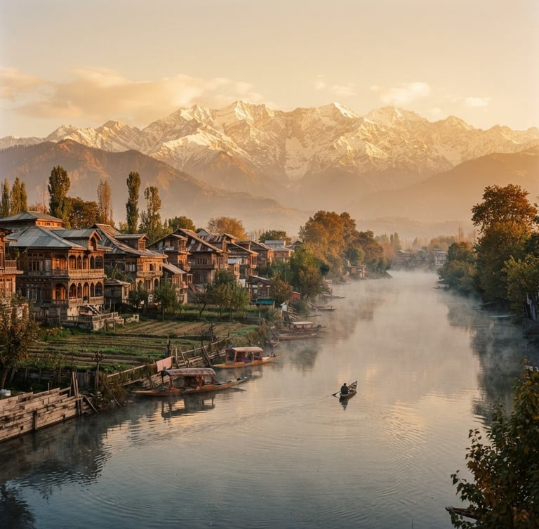 Serene golden-hour view of the Jhelum river in Anantnag, soft mist rising off the water, traditional wooden Kashmiri houses on the bank, majestic snow-capped peaks in the background, 35mm photography.
