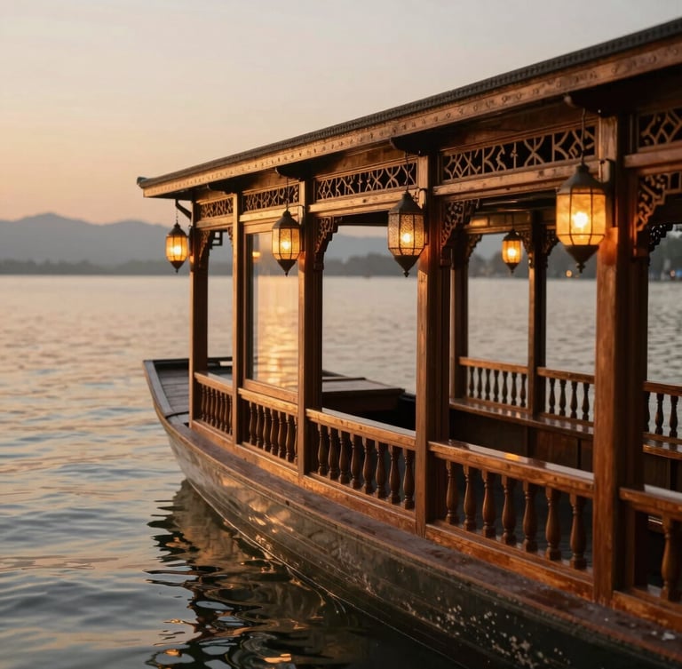 A close-up portrait of a luxury wooden Kashmiri houseboat balcony at golden hour, overlooking the calm waters of Dal Lake with warm glowing lanterns