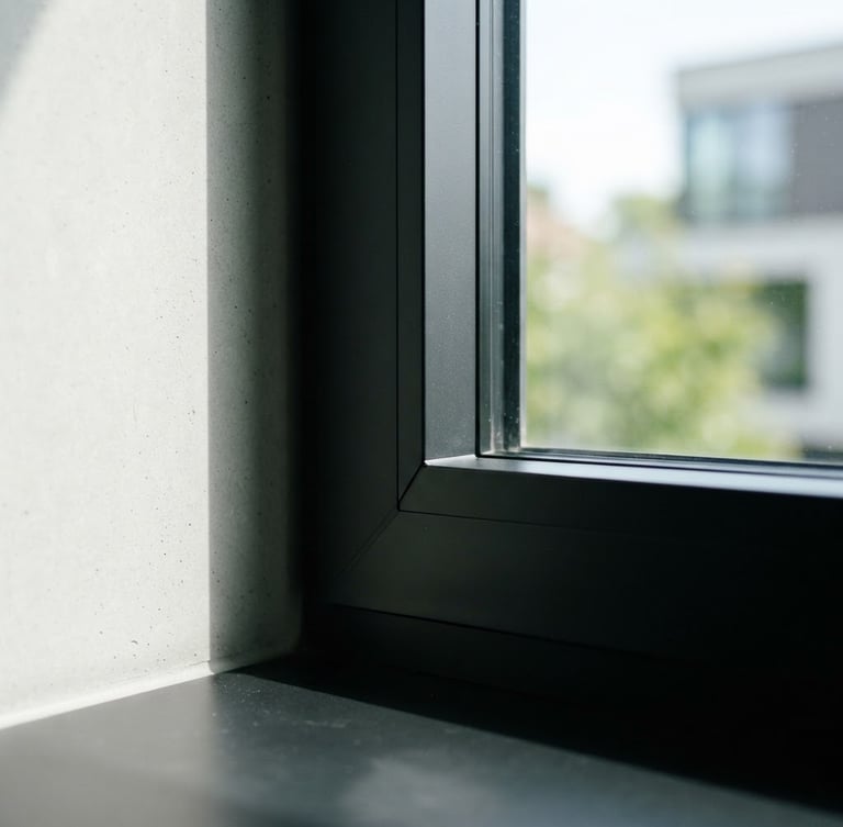 Close-up of a perfectly joined minimalist black aluminum window frame corner, sharp architectural lines, natural daylight, crisp shadows