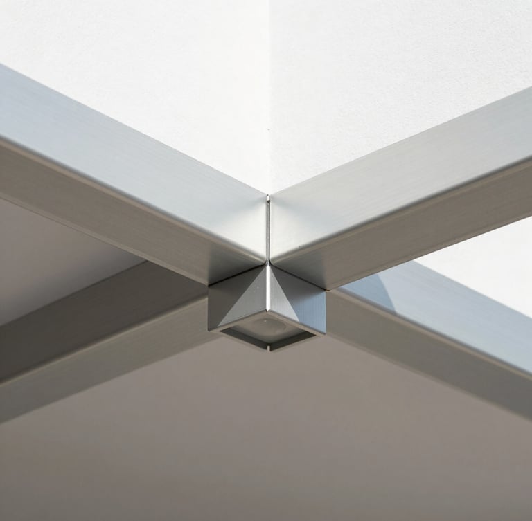 Close-up architectural detail of a premium aluminum canopy joint, clean connection without visible bolts, bright natural daylight, crisp shadows