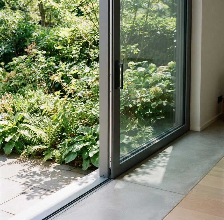 Architectural close-up of a minimalist aluminum sliding door opening to a lush garden, bright daylight, crisp shadows, clean lines, 35mm lens